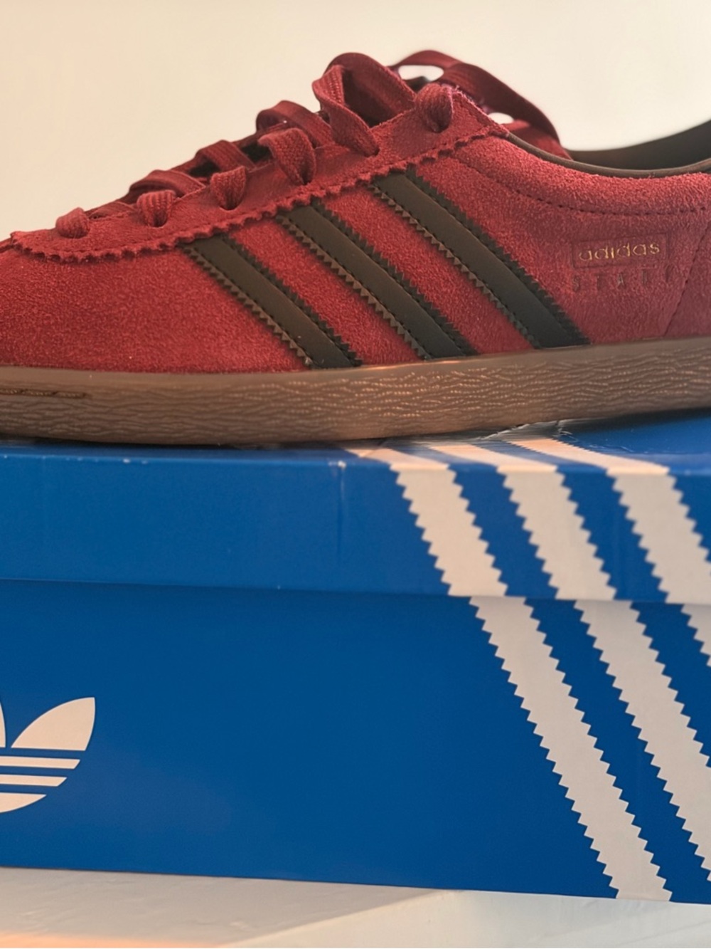 adidas STADT Burgundy Suede Sneakers with Black Stripes